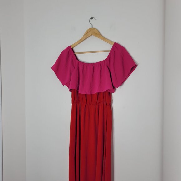 Sugarlips NEW Women's Red Off Shoulder Pink Ruffle Loose Maxi Dress Size S NWT - Picture 4 of 12